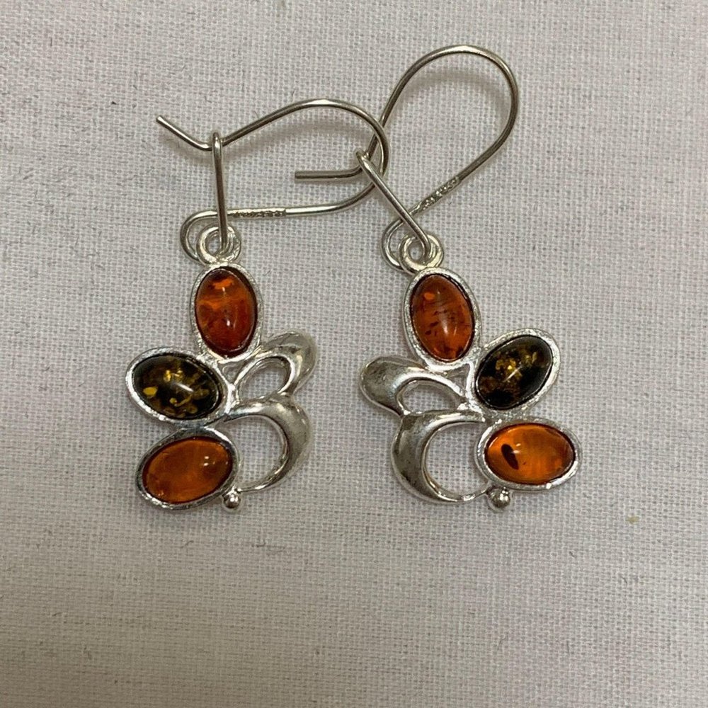 Stylish Women's Amber and Silver Three-Stone Dangle Earrings